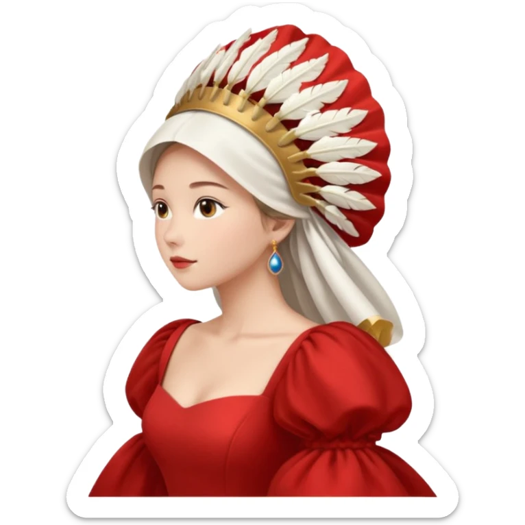 mujer de perfil con un vestido rojo de manga y falsas largas y voluptosas, y una toca blanca GRANDE que cubre su cara de perfil sticker