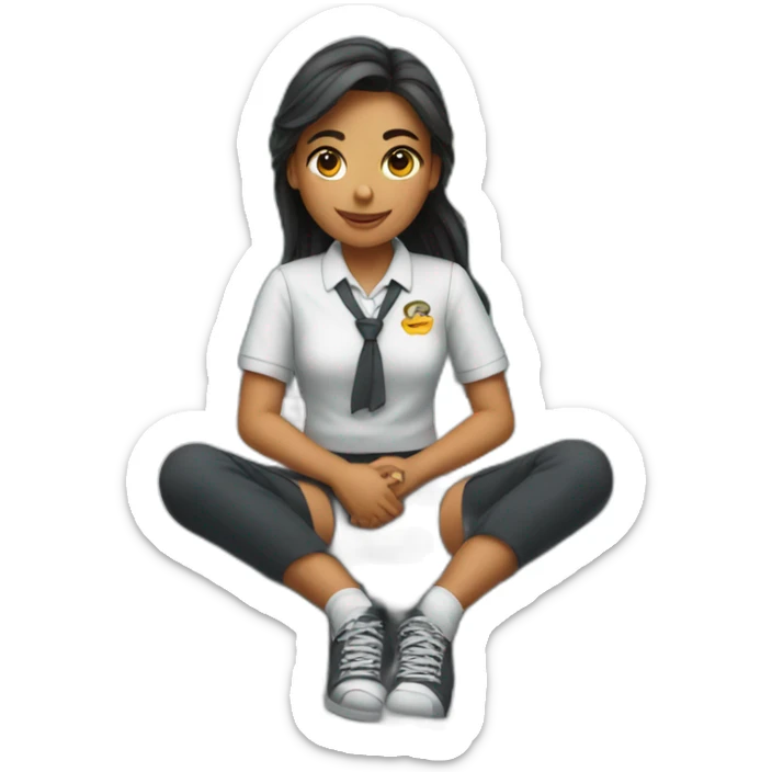 A young woman in a school uniform sitting legs crossed on the hood of a car sticker