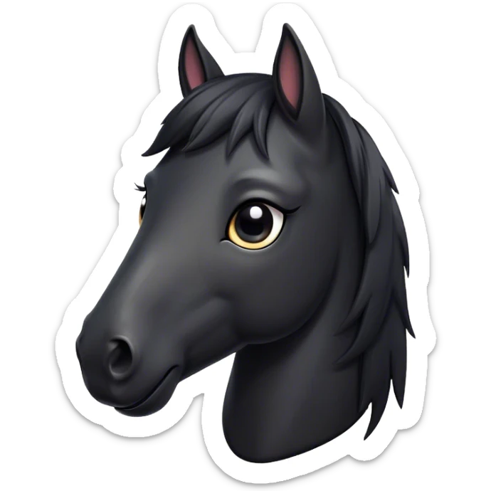 Cinematic Cute Black Horse Portrait Emoji, Head tilted playfully and inquisitively, showcasing a glossy black fur with a striking sheen and expressive dark eyes filled with curiosity, Simplified yet irresistibly adorable features, highly detailed, glowing with a warm, friendly glow, high shine, affectionate and spirited, stylized with a touch of whimsy, bright and endearing, soft glowing outline, capturing the essence of a mischievous yet loving horse, so playful it feels like it could trot out of the screen and into your arms! sticker