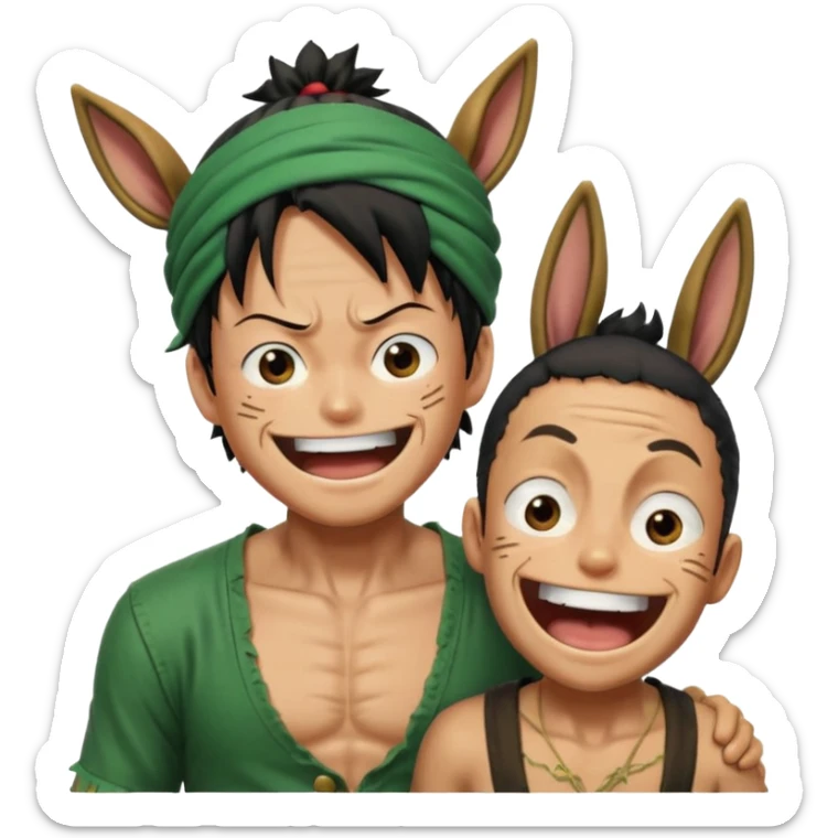 Luffy is riding on Zoro's back, and Zoro looks hilariously like the donkey. Zoro looks angry, and Luffy is laughing. The whole scene is very funny. sticker