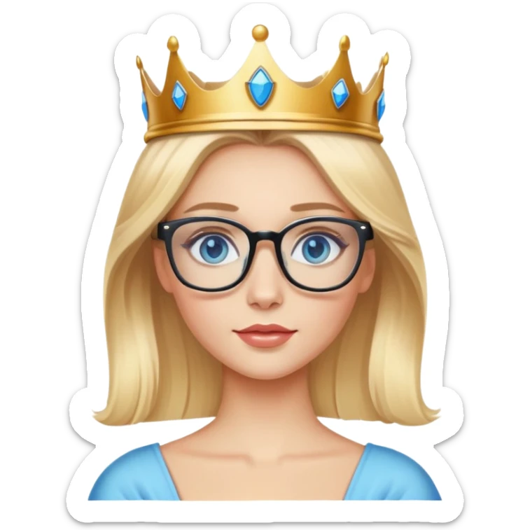 beautiful princess with blonde hair, bright blue eyes, wearing stylish glasses and a crown sticker