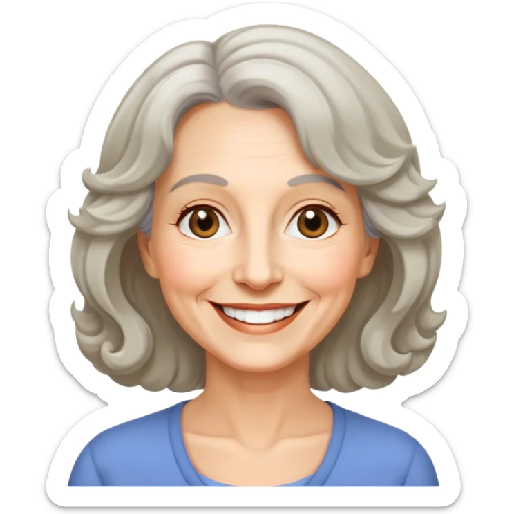 "- Nữ
- 60 tuổi
- Da trắng
- Tóc ngang vai, xoăn nhẹ
- Mặt cười tươi, vui vẻ, mắt đen sticker