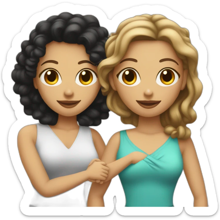 tan curvy woman with black curly hair shakes hands with a curvy pale woman who has straight light brown hair sticker