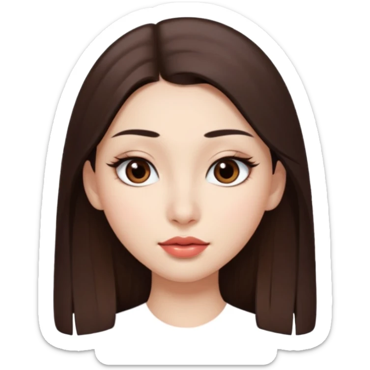 Una chica con piel muy clarita con pleo liso largo de color castaño y unos ojos marrones oscuro y labios grandes y nariz bonita y con unas pestañas que parezca asiatica que tenga las cejas un poquito mas juntas sticker