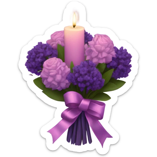 a beautiful aesthetic bouquet of dark purple and light pink lavender tied with a silk purple ribbon and a pink decorative candle  sticker