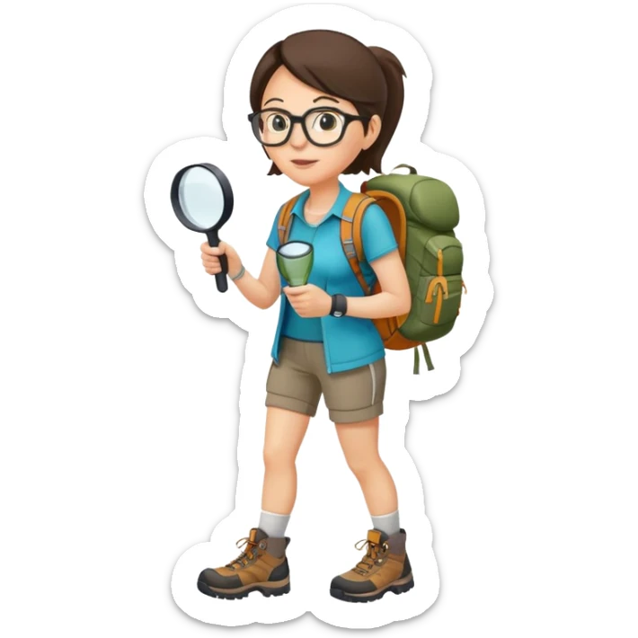 Woman in her 40s with glasses wearing sporty outfit, hiking boots, and backpack, holding a magnifying glass and looking curious sticker