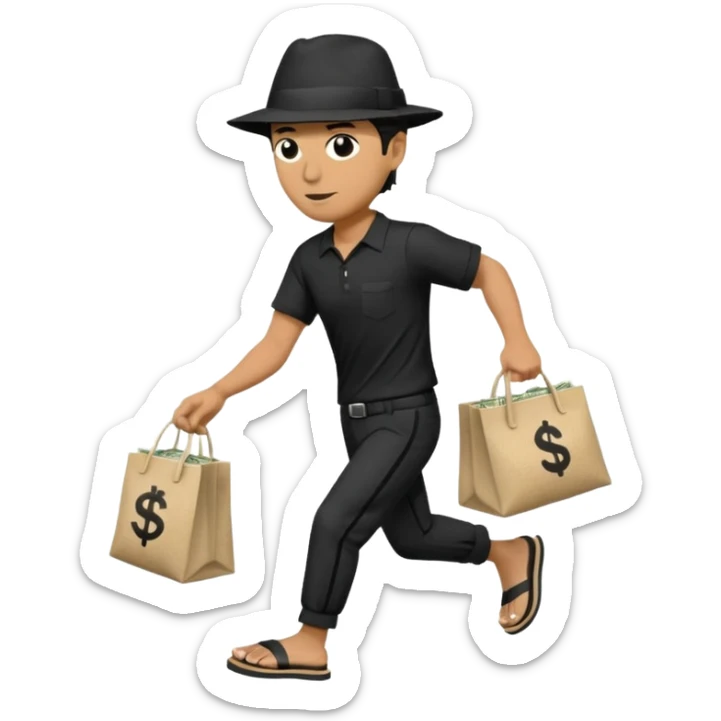 Make a man wear a black pant and he shirt is balck line and white line and wear a black hat and he holding a money bag and he running he wear a black eye thing no money in the Left hand and he yellow and the money bag in the right he wear a flip flop like this is Money bag 💰 NO MONEY sticker
