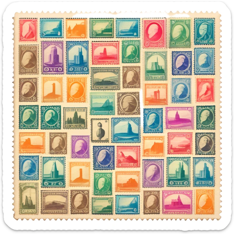 Icon for Stamp Collecting: a large stamp block in the center and a collection of vintage and colorful stamps arranged in an album or on a desk, with showcasing different themes. The icon should reflect the charm and history of philately. Transparent background. sticker