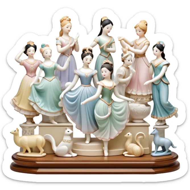 Icon for Porcelain Figurine Collecting: a collection of delicate porcelain figurines, such as animals, dancers, and historical characters, displayed on a shelf or in a display case. The icon should convey the elegance and artistry of collecting porcelain statues. Transparent background. sticker