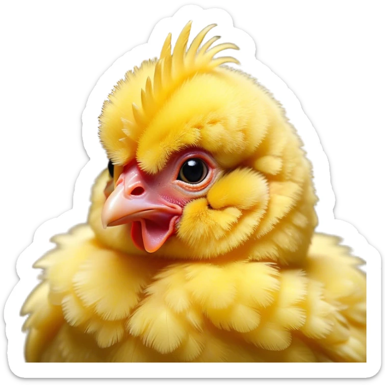 Cinematic Cute Yellow Baby Chicken Portrait Emoji, Head tilted playfully and inquisitively, featuring a fluffy, vibrant yellow downy coat with a tiny red comb, round, sparkling beady eyes filled with curiosity, Simplified yet irresistibly adorable features, highly detailed, glowing with a warm, friendly glow, high shine, affectionate and lively, stylized with a touch of playful whimsy, bright and endearing, soft glowing outline, capturing the essence of a mischievous yet loving chick, so playful it feels like it could peep out of the screen and into your arms! sticker