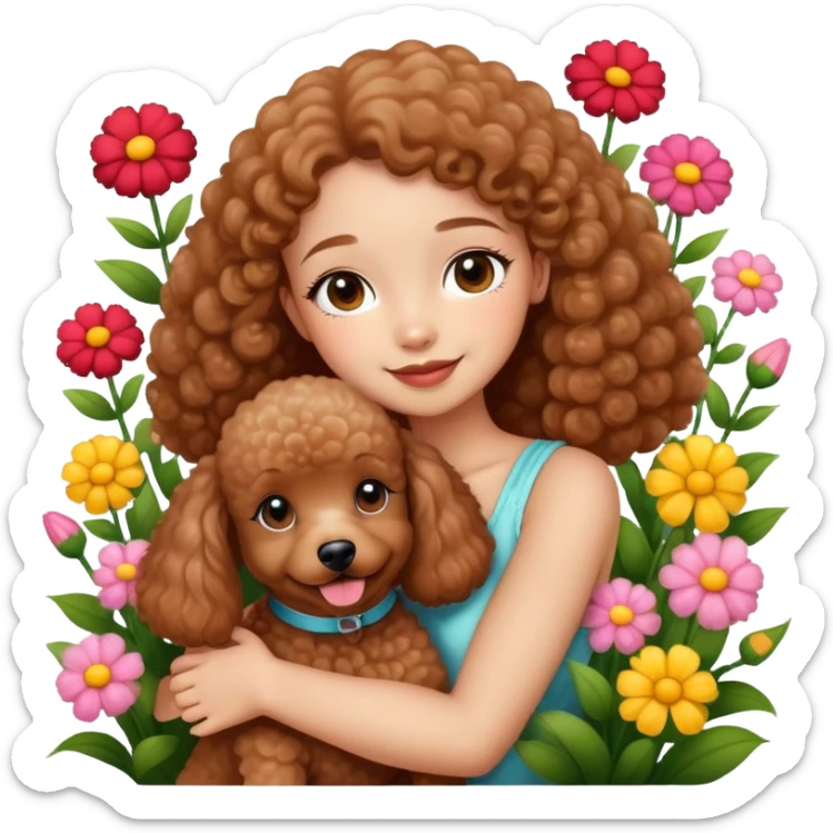 A beautiful girl happily hugs a brown poodle in the flowers sticker