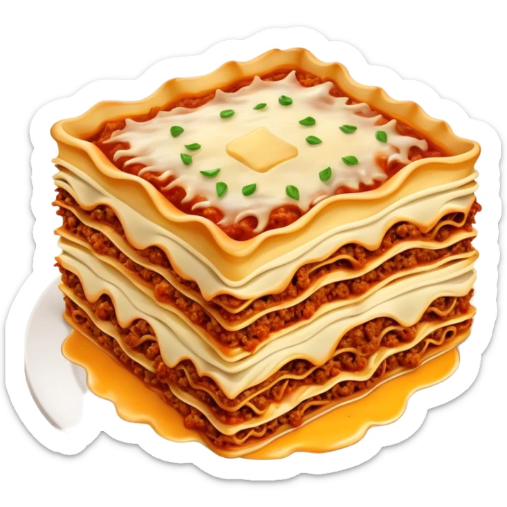 Lasagne alla Bolognese Cinematic Realistic Lasagne alla Bolognese Dish Emoji, depicted as a messy, layered pasta dish overflowing with melted cheese and rich meat sauce, rendered with hearty textures and warm, indulgent lighting. sticker
