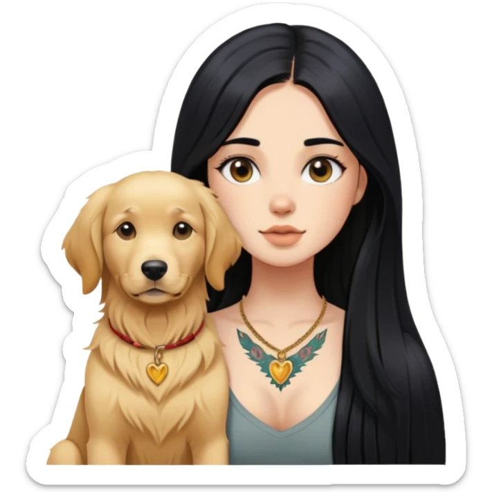 girl with long black  straight hair and chest tattoos and  a golden retriever sticker