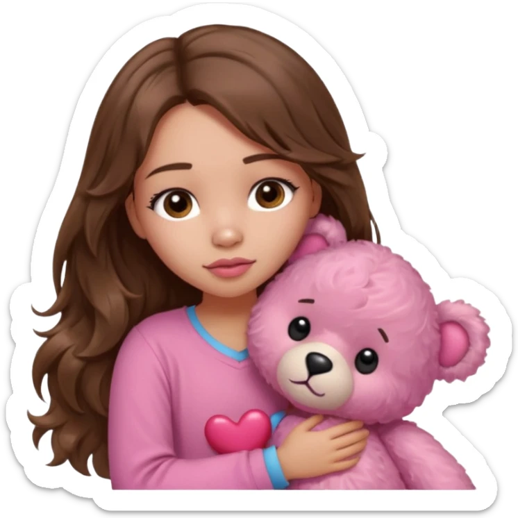 girl with long wavy brown hair, brown eyes, light to medium complexion, in a pink shirt, pink lips, long lashes, sad, hugging squeezing  a teddy bear with hearts sticker