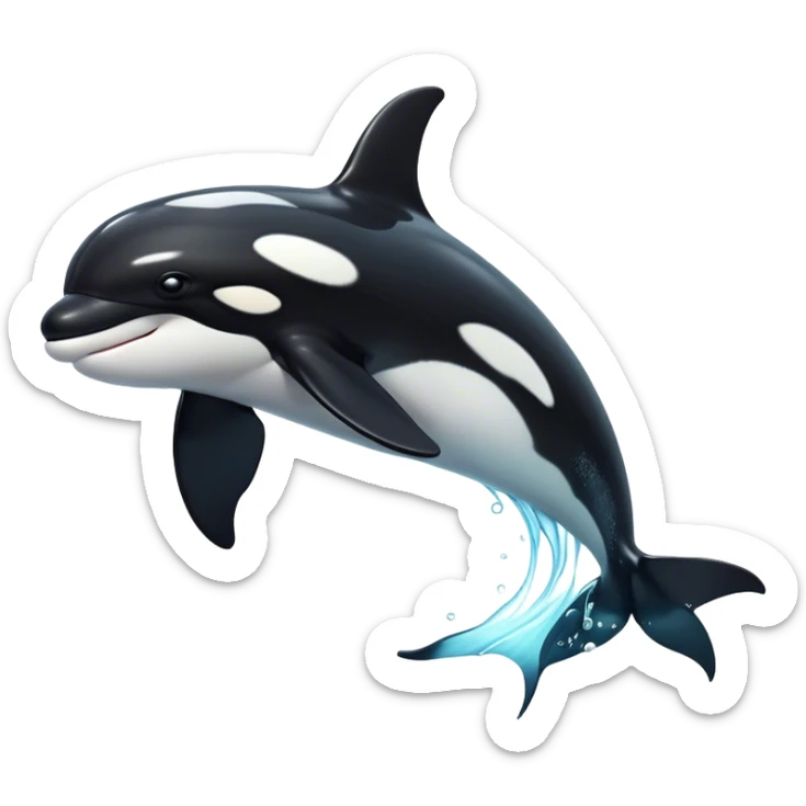 Cinematic Noble orca Portrait Emoji, Poised and majestic, with a sleek, streamlined black-and-white body, piercing intelligent eyes, and a powerful, commanding presence, Simplified yet sharp and sophisticated features, highly detailed, glowing with a soft oceanic radiance, high shine, intelligent and formidable, stylized with an air of deep-sea dominance, focused and alert, soft glowing outline, capturing the essence of an apex predator that appears ready to surge out of the waves with effortless authority! sticker