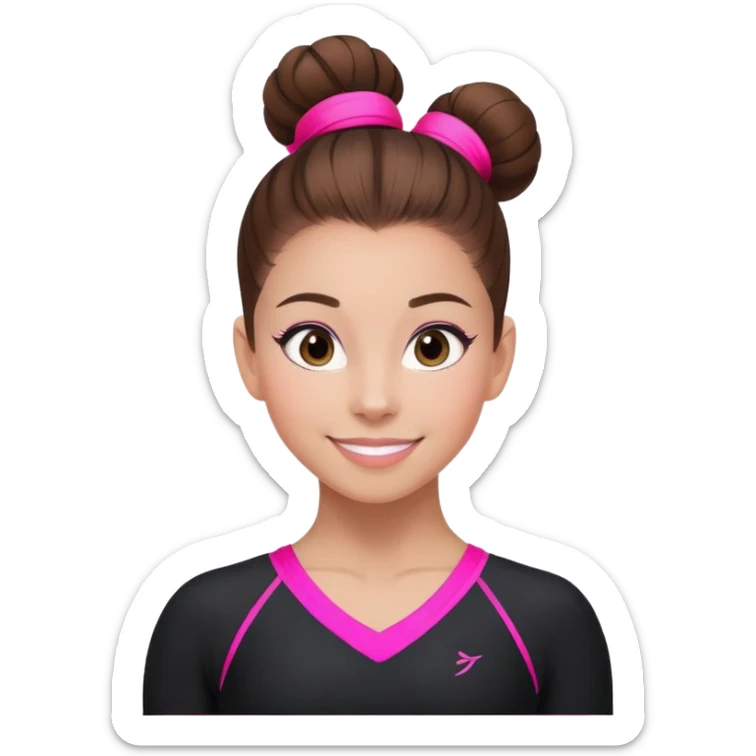 Happy female gymnast with brown hair in a neat bun, wearing a black uniform with neon pink elements. sticker