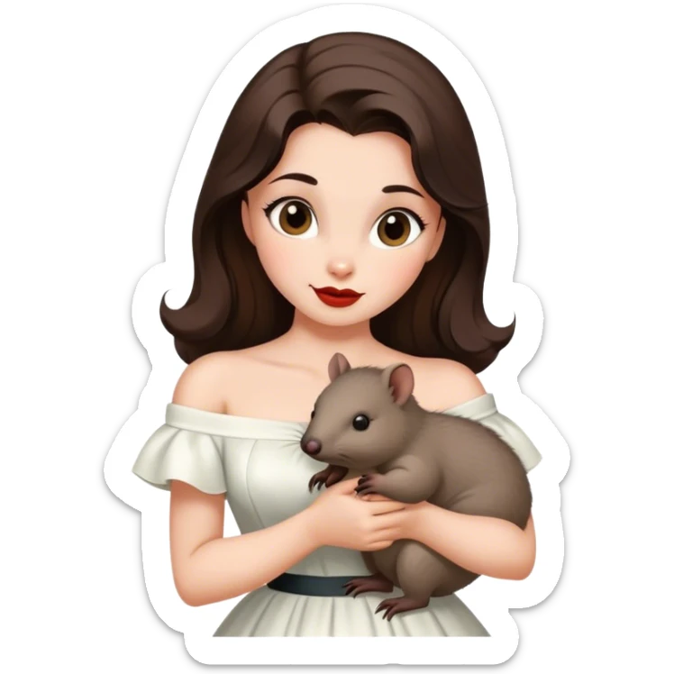 Beautiful woman in 1950’s woman fashion look, off-shoulder white dress, long dark brown hair, wombat sticker