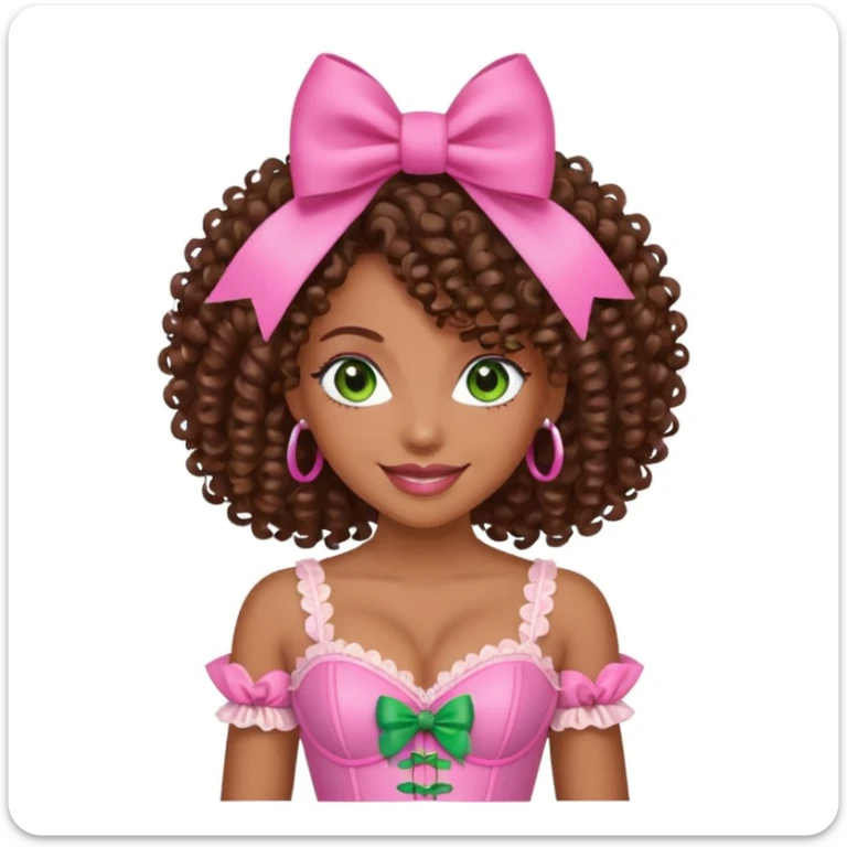 black woman with green eyes, curly hair, pink bow, pink corset, smiling sticker