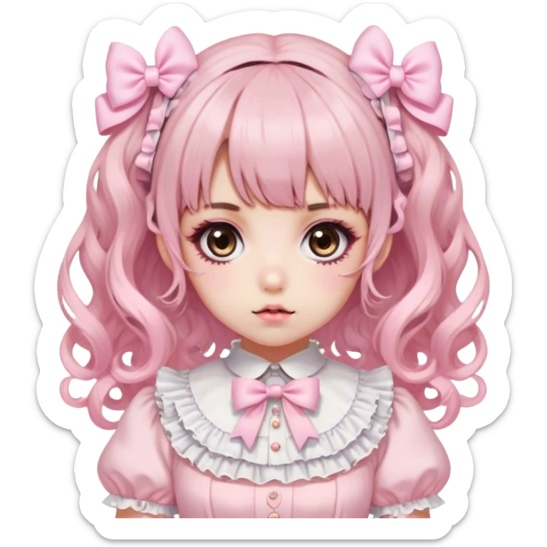 pale girl, who has curly medium length black and baby pink ends swirled hair with bangs and bows in hair, brown eyes, and doll like makeup, in a light pink lolita hime gyaru dress sticker