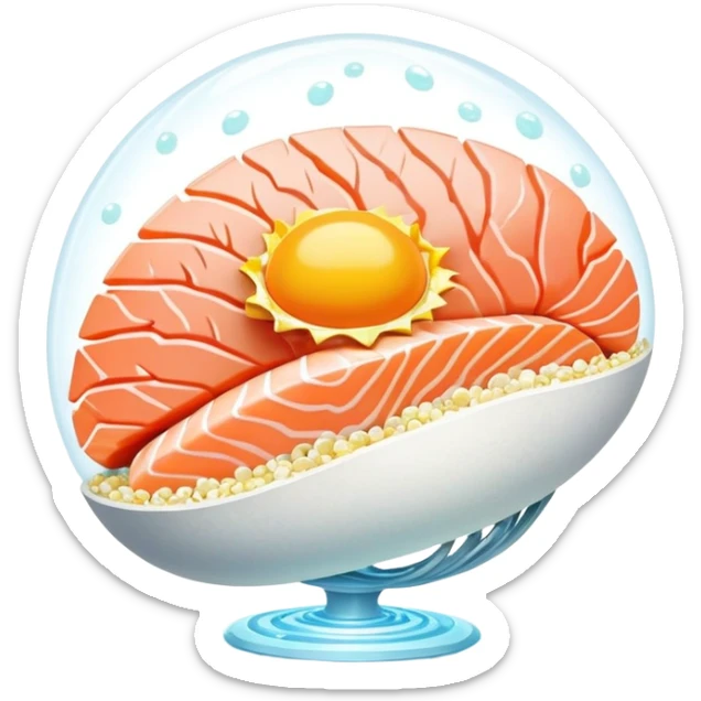 A sparkling crystal brain surrounded by pieces of salmon, a golden egg yolk, and fermented soy floating in a spiral. Thin light beams connect from these foods to glowing points on the brain surface, creating a circuit of expanded focus. sticker