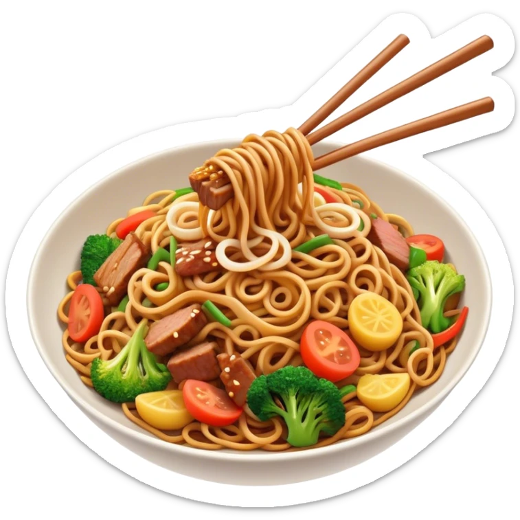 Cinematic Realistic Mie Goreng Dish Emoji, featuring stir‚Äêfried noodles with vegetables and meat rendered with dynamic textures and warm, appetizing lighting. sticker