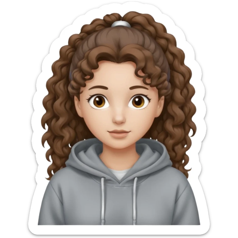 Woman, curly brown hair, hoodie, white pony tail sticker