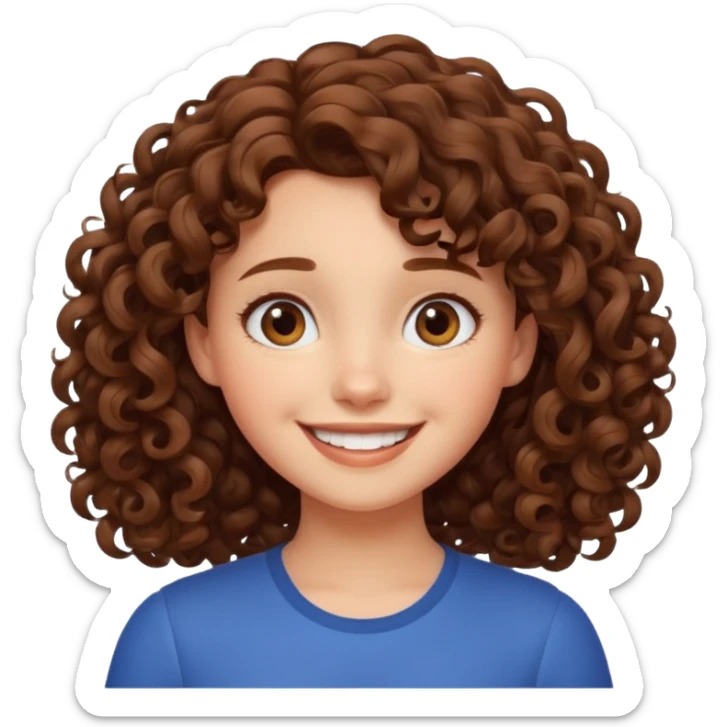 cute brown haired girl with curly hair and bright smile, make it pixar style sticker