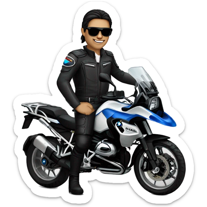 bmw gs 1250 white male rider sunglases on bike dark hair blue eyes sticker