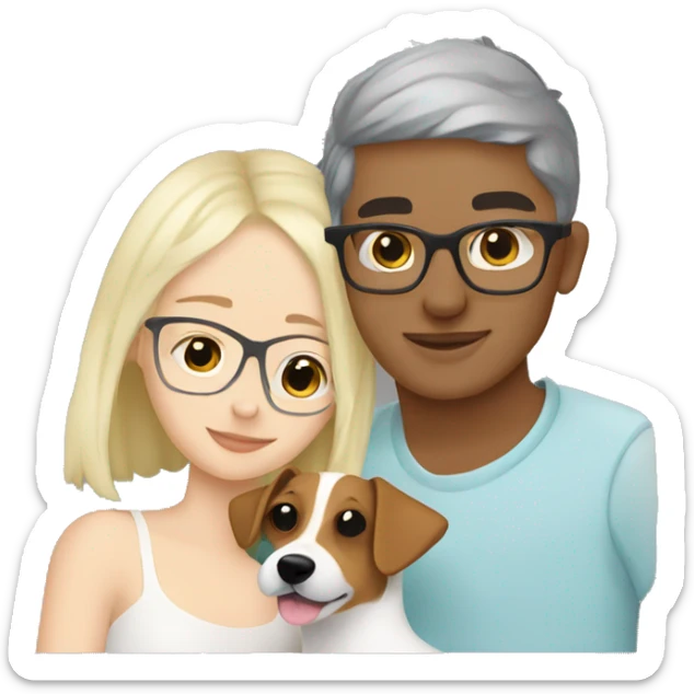 White blonde girl cuddling a jack Russell with her Moroccan boyfriend who have glasses sticker