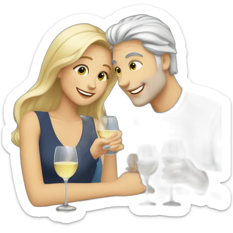 A woman with brown eyes and blond hair and a man with blue eyes and grey hair, they toast to each other with a glass of white wine. sticker