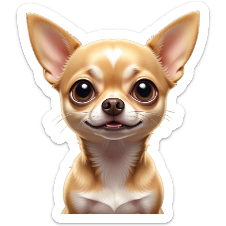 Cinematic Comical Fawn Short Haired Chihuahua Portrait Emoji, Head tilted dramatically with an exaggeratedly shocked or offended expression, short fawn fur with a sleek texture, wide, expressive dark eyes filled with exaggerated disbelief, Simplified yet hilariously expressive features, highly detailed, glowing with a slightly sassy glow, high shine, dramatic yet playful, stylized with an air of attitude, bright and endearing, soft glowing outline, capturing the essence of a sassy and over-the-top pup, so meme-worthy it feels like it could side-eye its way into internet fame instantly! sticker