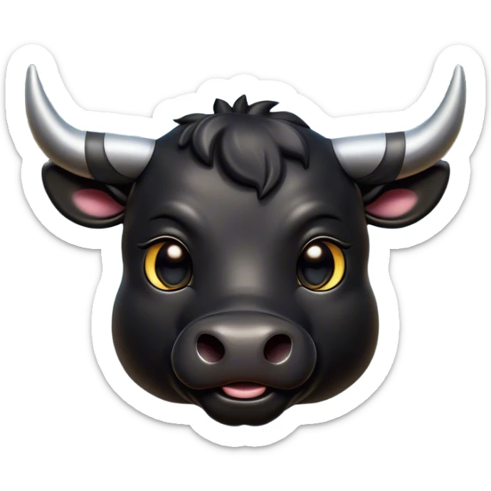 Cinematic Cute Black Bull Portrait Emoji, Head tilted playfully and inquisitively, featuring a glossy, robust black hide with a striking sheen, round, sparkling dark eyes filled with gentle curiosity, Simplified yet irresistibly adorable features, highly detailed, glowing with a warm, friendly glow, high shine, affectionate and imposing, stylized with a touch of rugged charm, bright and endearing, soft glowing outline, capturing the essence of a mischievous yet loving bull, so playful it feels like it could stomp out of the screen and into your arms! sticker