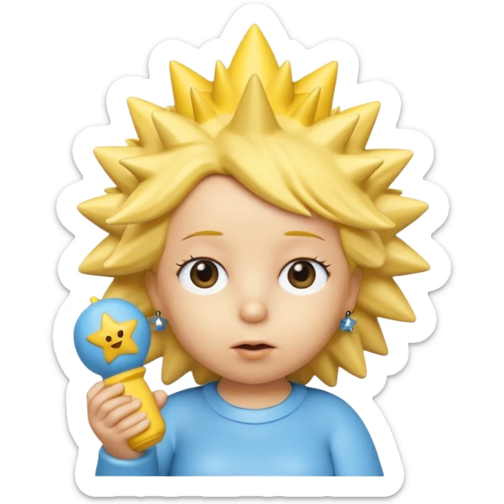 A 3D cartoon close-up of Maggie Simpson, baby from The Simpsons, rendered in Memoji-style with smooth yellow skin, spiky star-shaped hair, blue pacifier, and simple shading. Bright studio lighting, cinematic close-up framing consistent with Bart, Marge, Homer, and Lisa. sticker