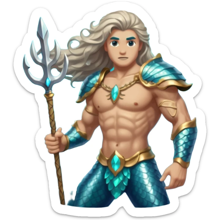 portrait of a muscular merman warrior with dark aqua scales, silver armor pieces on shoulders and arms, holding a glowing trident, stern expression, long flowing hair, underwater battle stance sticker