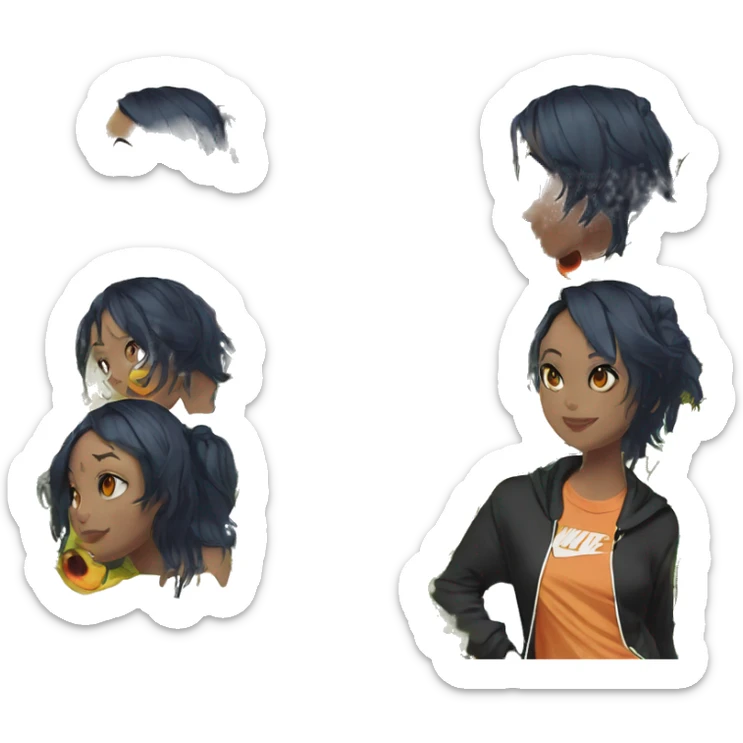 Lady with brunette and iridescent blue hair, gold, lime green dragon wings, black hoodie, bleach dyed, black and gold Nike t shirt, and bright red eyes sticker