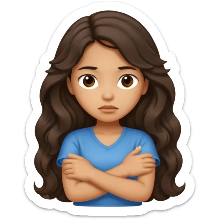 Hispanic tan ish girl with long dark wavy hair crossing her arms and slightly pouting sticker
