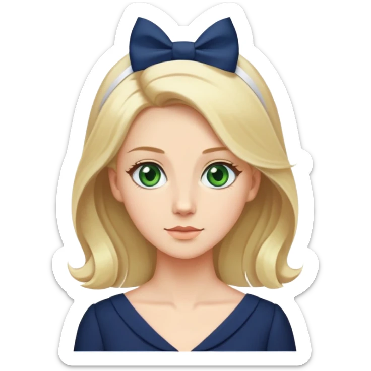 Blond hair green eyes navy blue dress with a white bow in her hair and is tall  sticker