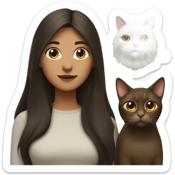a girl with long dark hair with one brown cat and white cat with her sticker
