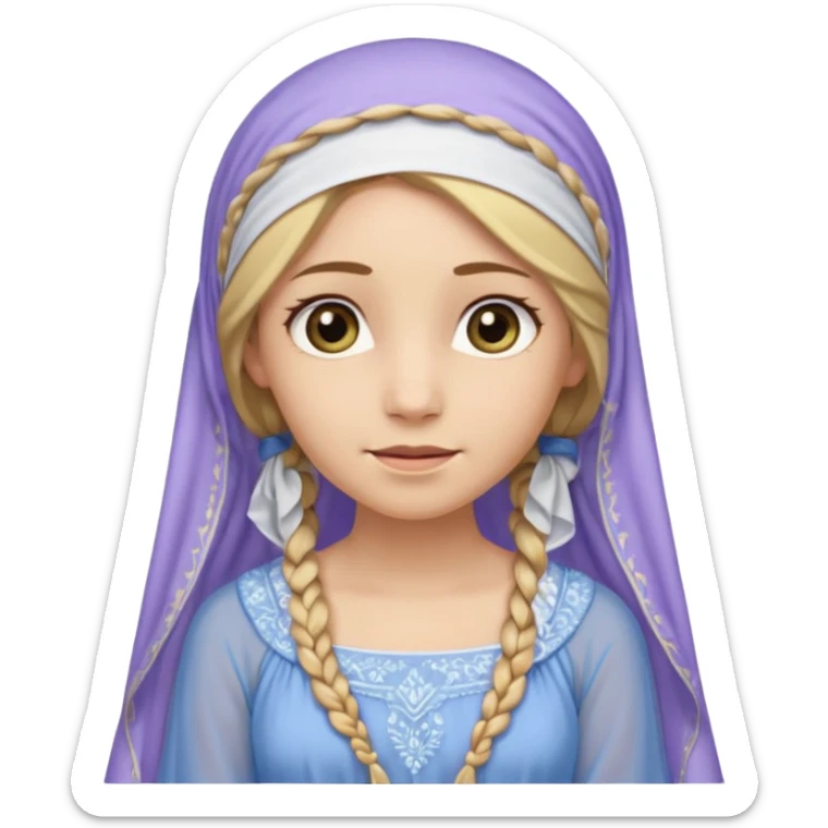 
mujer, Joven, de aspecto dulce y elegante.
Piel clara, ojos grandes y expresivos, sonrisa triste.
Rubio o castaño claro, largo, con trenzas o velo.
Vestido largo de tonos suaves (blanco, azul o lavanda), con bordados dorados; toca fina cubriendo la cabeza. cuerpo entero
 sticker