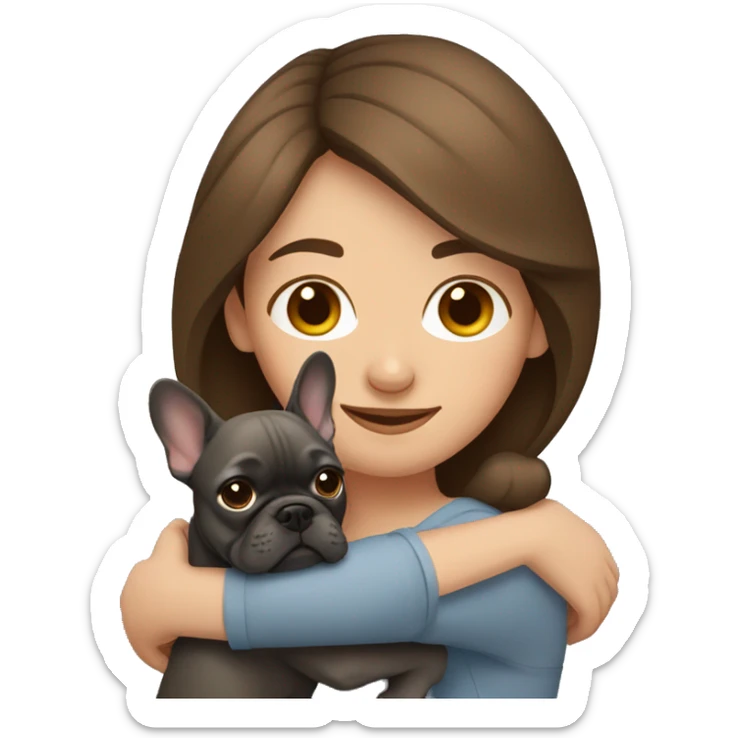 brown hair woman hugging dark gray french bulldog sticker