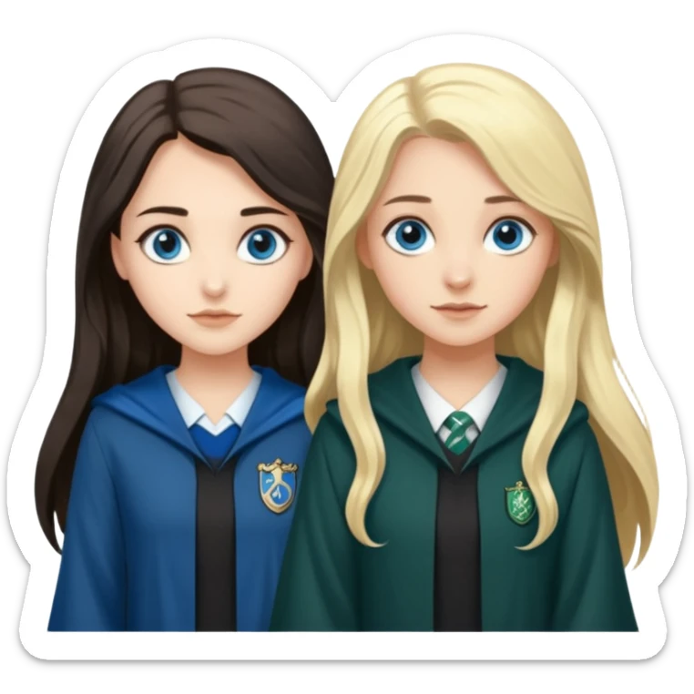 a pretty ravenclaw girl with long dark brown hair and blue eyes standing with a pretty Slytherin girl with long blonde hair, blue eyes sticker