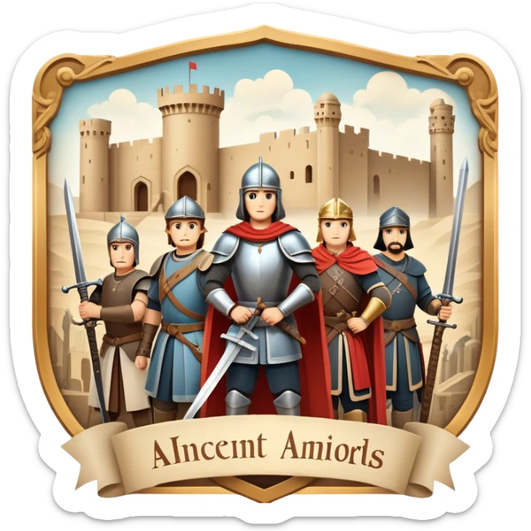 Icon for Historical Movies: A vintage movie poster-style design with elements of ancient architecture, historical figures in period costumes, and a backdrop of a historical event or battle. Include scrolls, swords, and shields. Retro cinematic feel. Transparent background. sticker