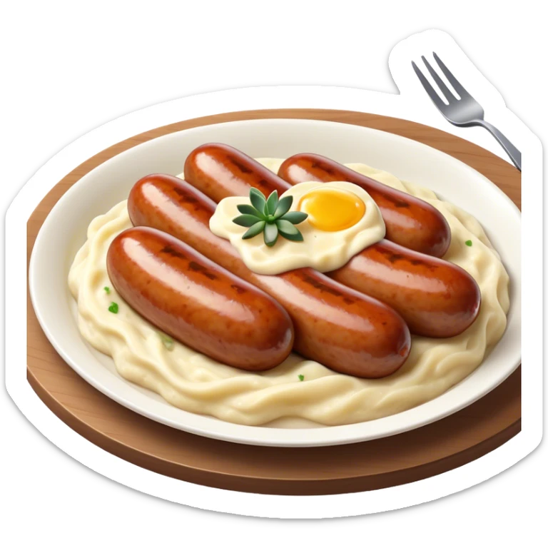 Cinematic Realistic Bangers and Mash Dish Emoji, featuring succulent pork sausages paired with creamy mashed potatoes rendered with detailed textures and natural highlights that emphasize its robust, hearty flavor. sticker