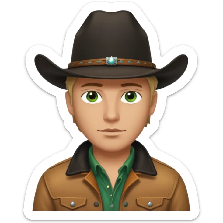 yellowstone ranch cowboy with black cowboy hat, black t-shirt, leather tan jacket, and green eyes sticker