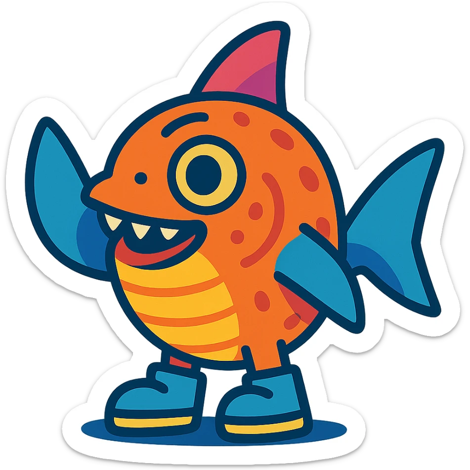 funny small animal with shark fins as hands, fish features, wearing little shoes, cartoon style, bright colors, detailed sticker