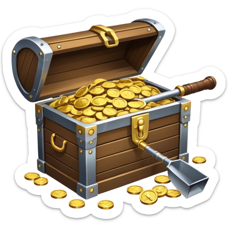 An icon featuring a treasure chest partially open, revealing gold coins and jewels. A metal detector and a shovel are nearby, symbolizing the excitement of treasure hunting. The design evokes adventure, exploration, and the thrill of discovering hidden treasures. transparent background. sticker