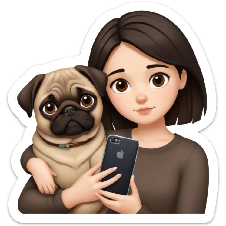 Pretty girl with dark brown casscading choppy hair frames her face as she holds her phone and her big pug lays beside her sticker