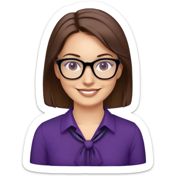 nữ 40 tuổi, da trắng, tóc được buộc gọn gàng màu nâu, mặt cười tươi vui vẻ, đeo kính màu đen, áo tím đậm sticker