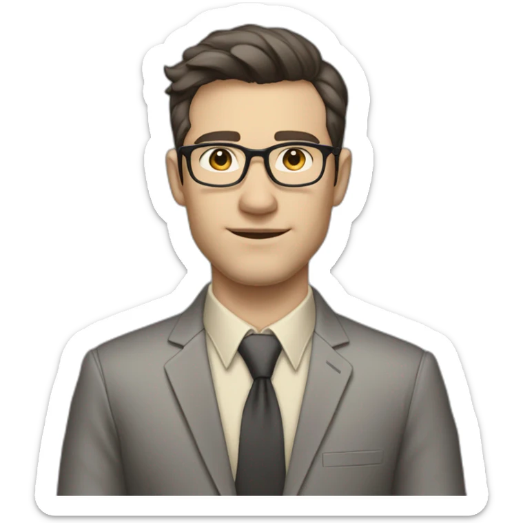 Full height Pale skinned Fit Man With dark brown hair in classic gray suit, beige office shirt, dark gray tie, and vintage glasses. His hands lock sticker