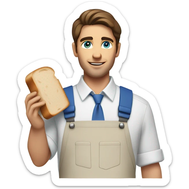 Male with brown hair and blue eyes with white collard shirt and blue apron with khakis and hat holding a sandwhich sticker
